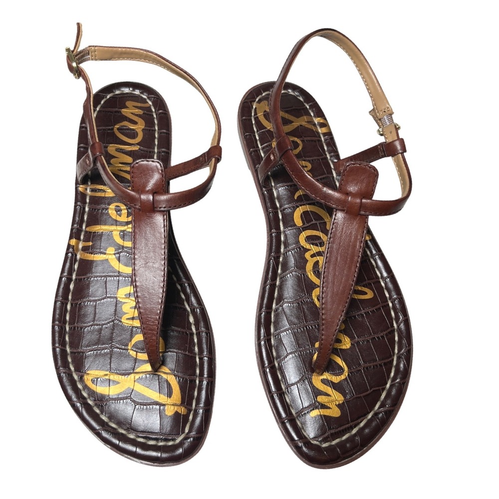 Sam Edelman Gigi Croc Embossed Leather T Strap Sandals Brown 6.5